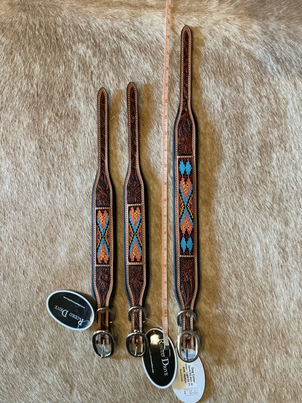 Handcrafted Leather Dog Collar with Turquoise & Orange Beadwork